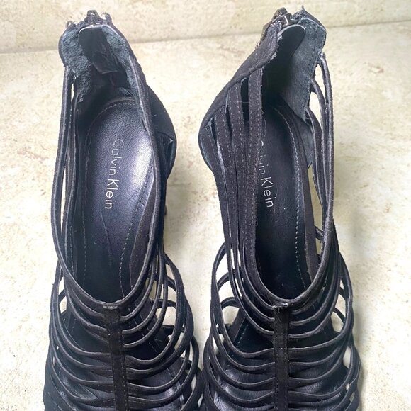 Calvin Klein Black Suede Strappy High Heel Sandals Back Zipper Size 8.5 - Picture 6 of 9